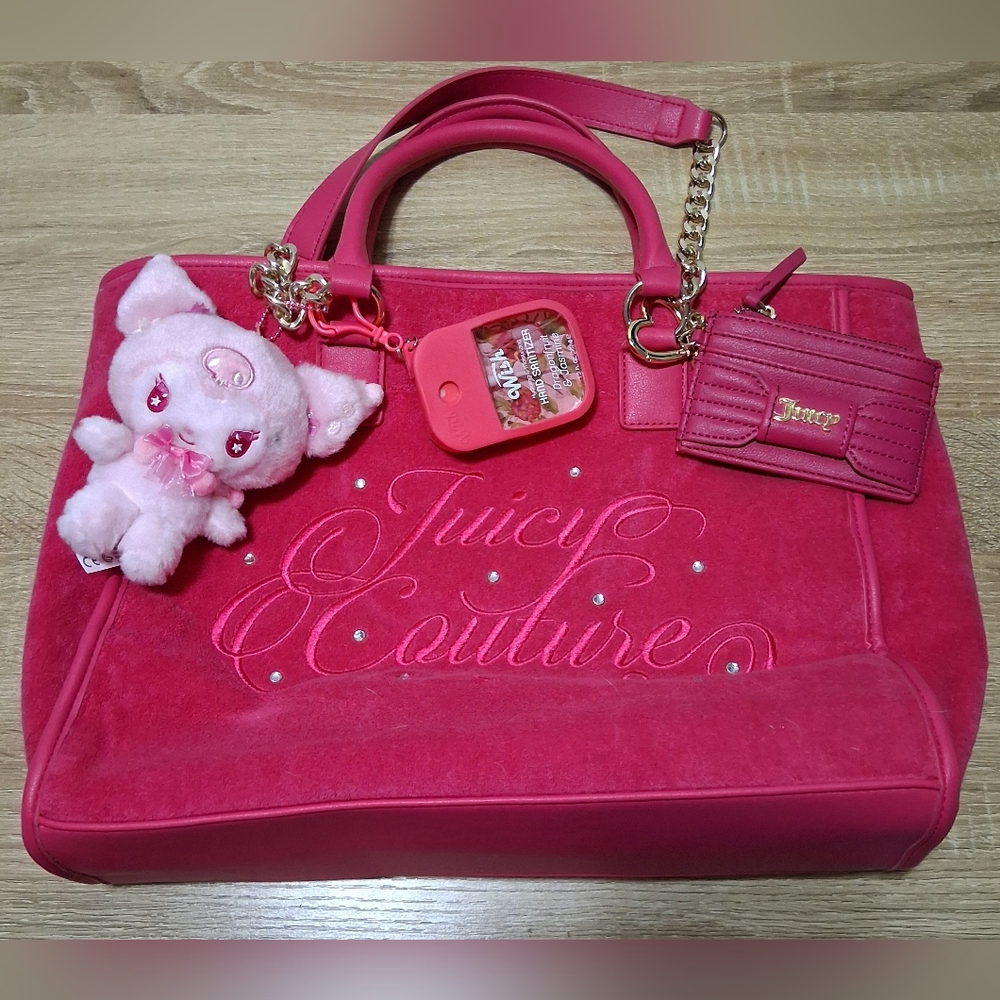Juicy Couture Fuchsia Tote and Wallet with Kuromi Charm and Wish Sanitizer